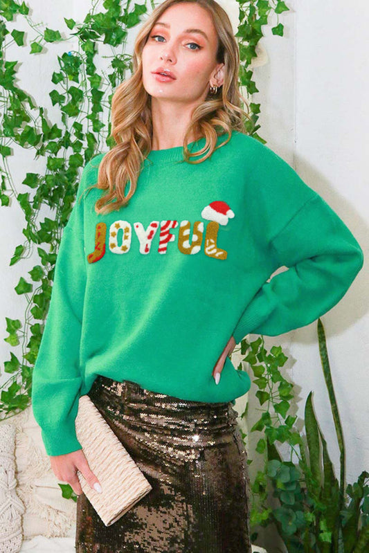 Bright Green Sequined JOYFUL Graphic Christmas Sweater