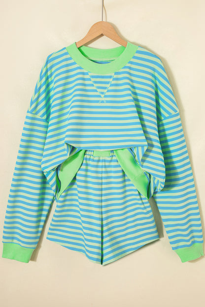 Pink Stripe Color Block Detail Long Sleeve Pullover Elastic Waist Pull On Shorts 2pcs Set