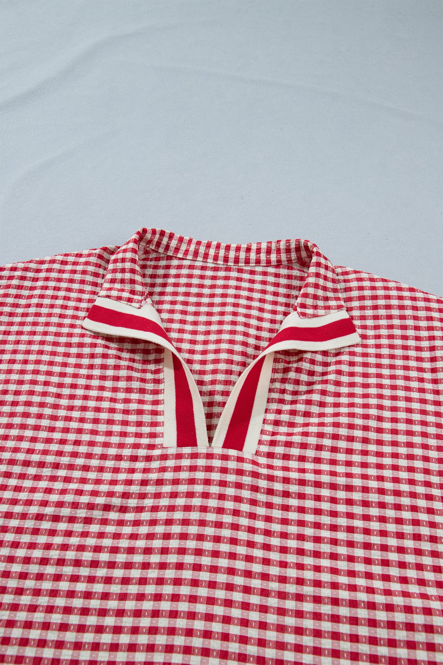 Red Plaid Short Sleeve Colorblock Trim Split Neck Blouse