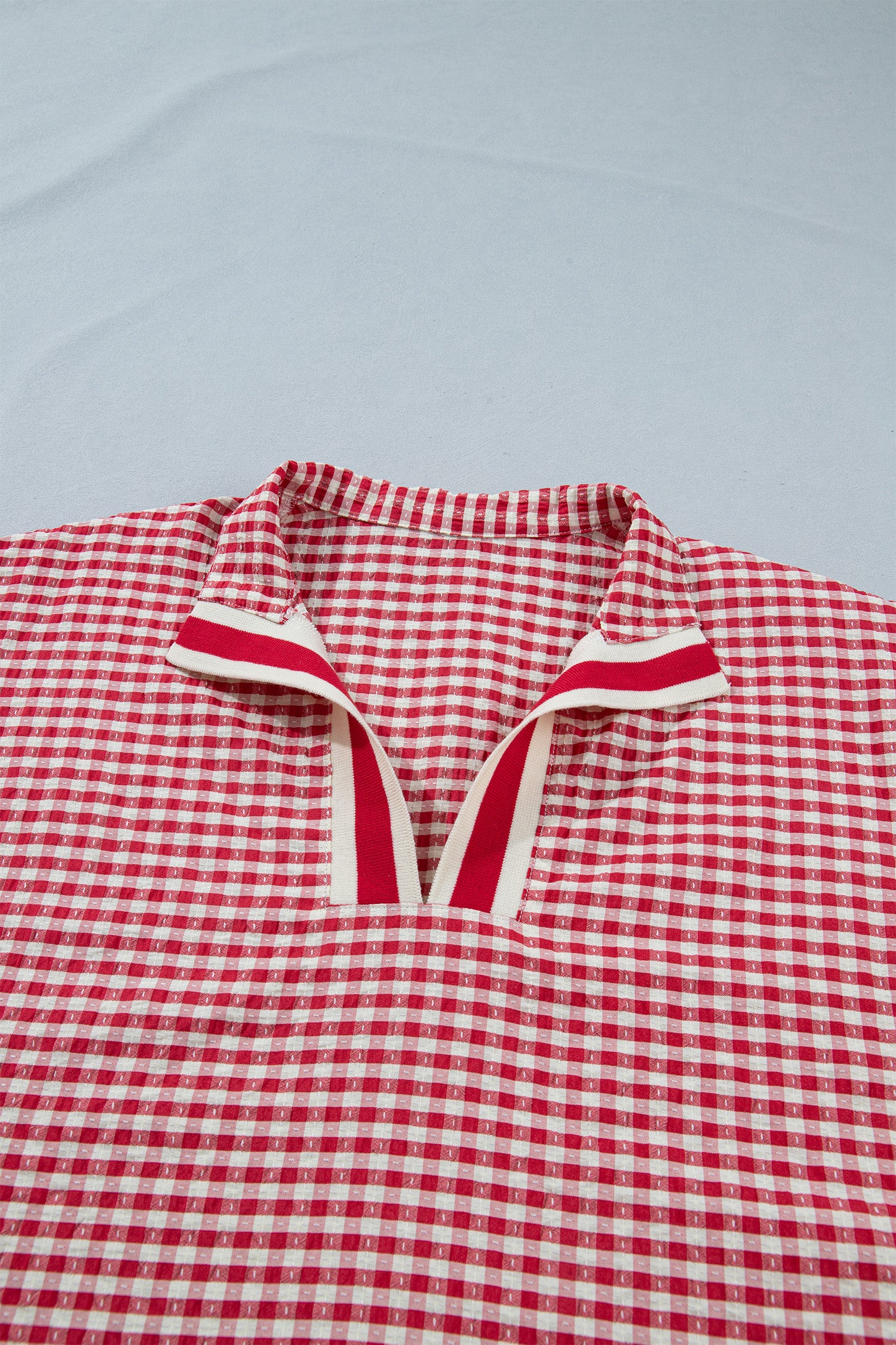 Red Plaid Short Sleeve Colorblock Trim Split Neck Blouse