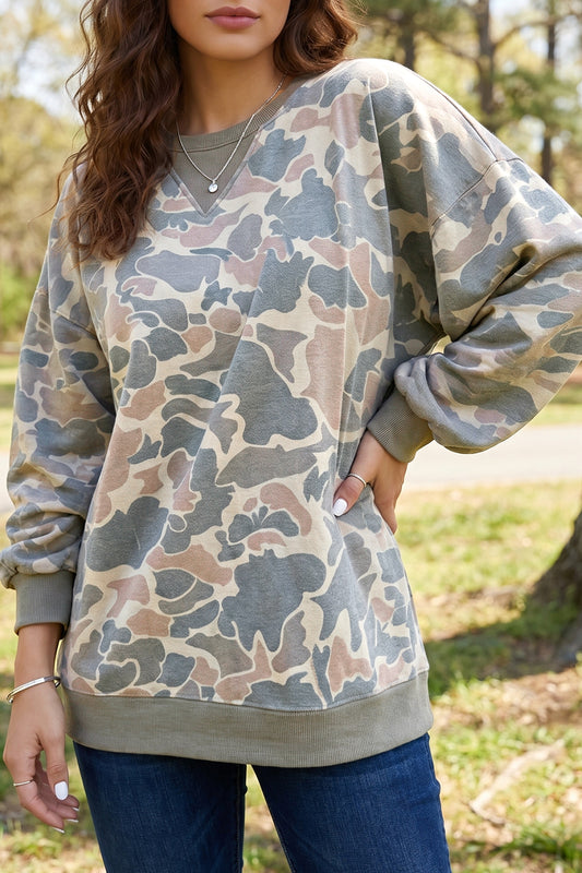 Multicolour Camo Print Ribbed Trim Casual Pullover Sweatshirt