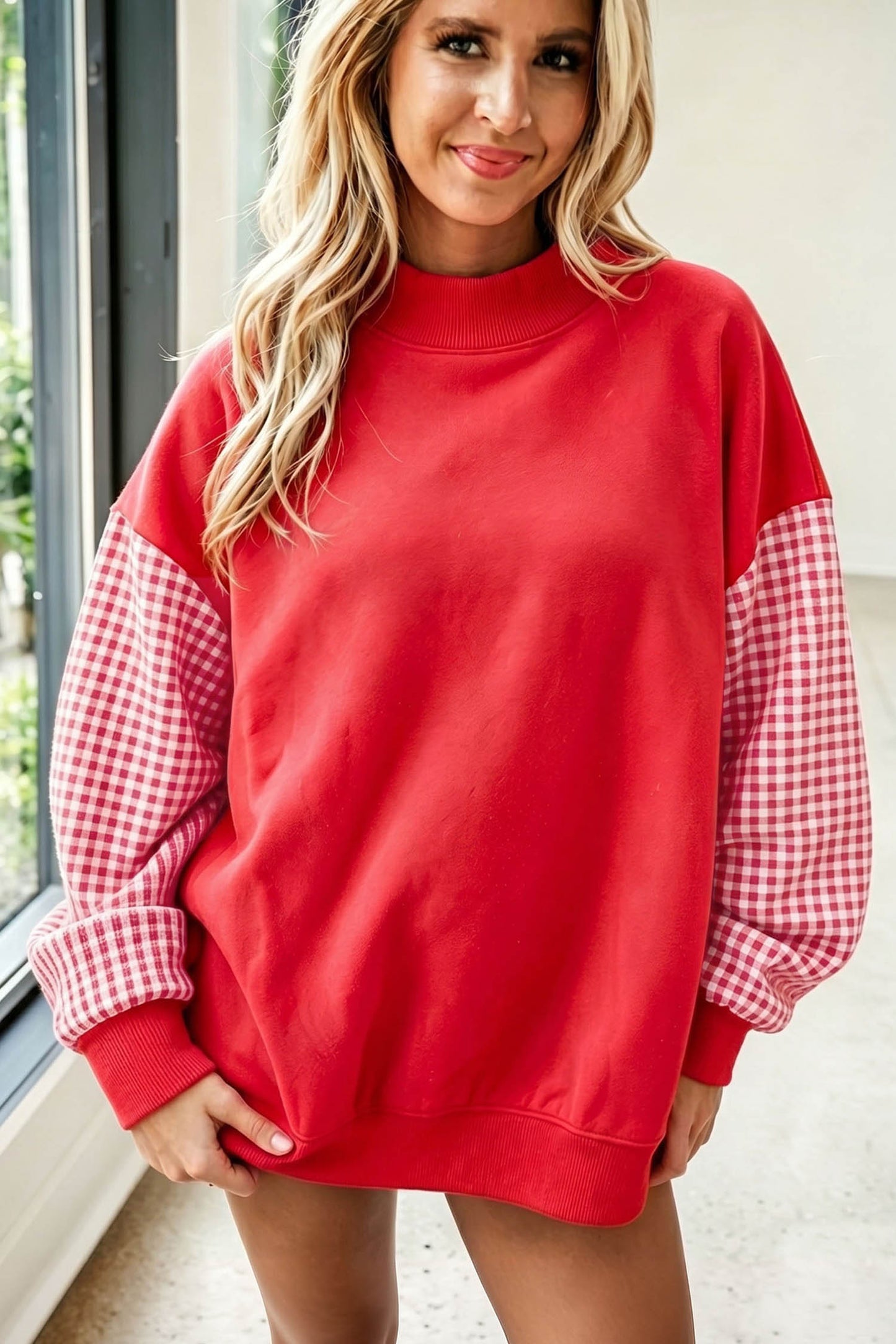 Fiery Red Plaid Sleeve Colorblock Loose Tunic Sweatshirt