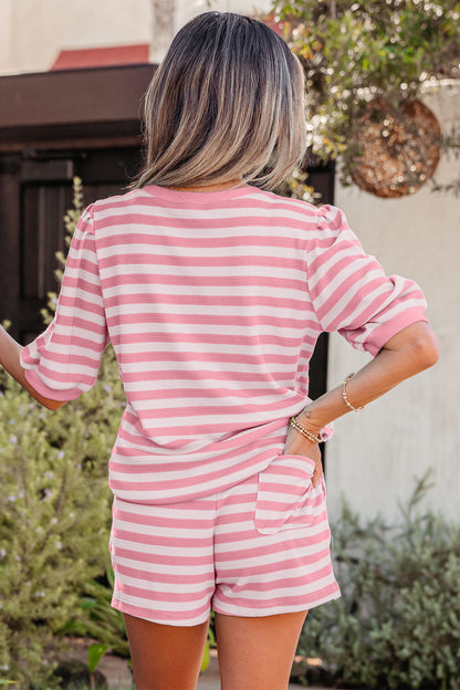 Green Stripe Puff Short Sleeve T Shirt Matching Shorts Set