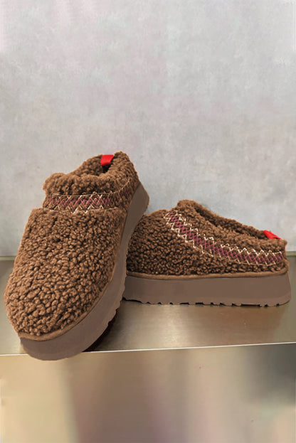 Chestnut Soft Plush Embroidered Detail Flat Platform Slippers