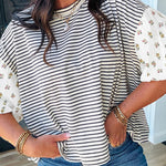 Black Stripe Floral Puff Sleeve Patchwork Round Neck Loose Top