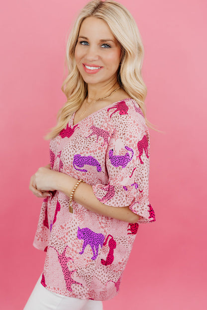 Top de manga corta con volantes y estampado de jaguar de talla grande