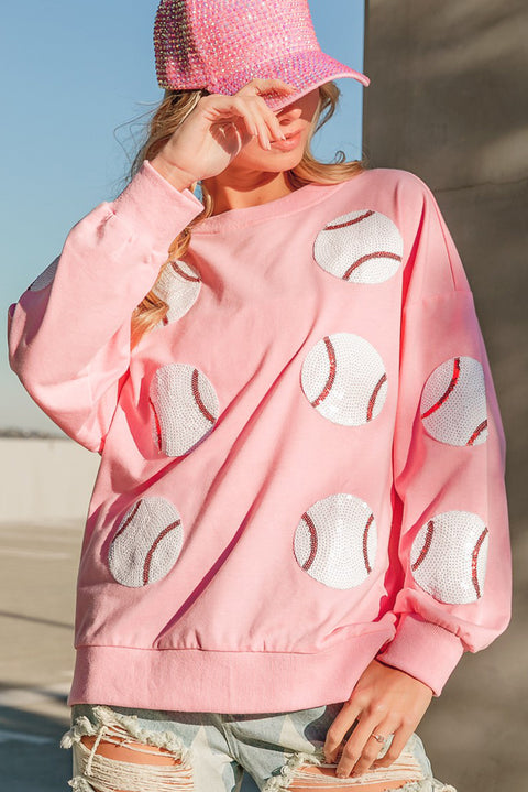 Pink Sequin Baseball Patched Pullover Sweatshirt