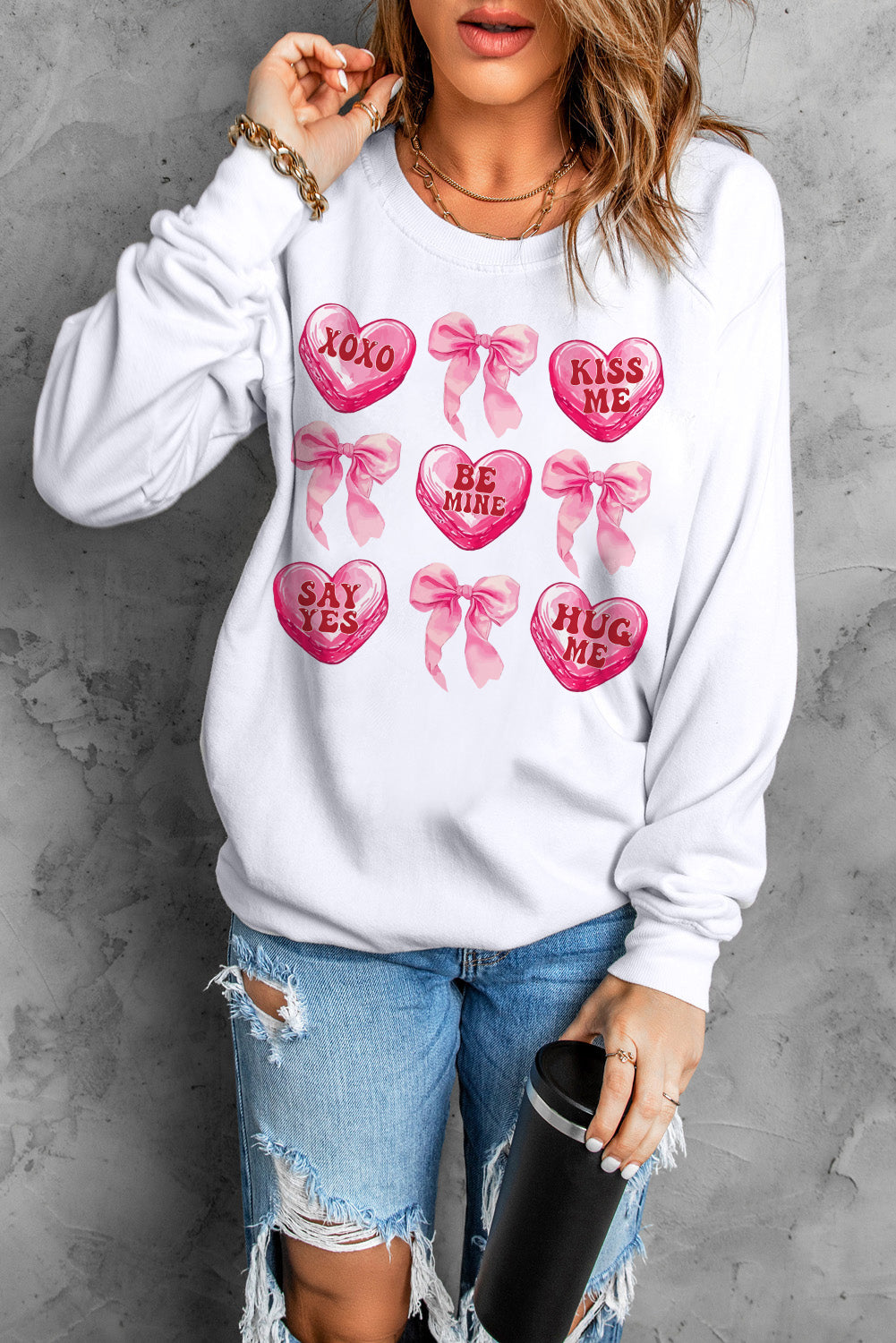 Sweat-shirt blanc à motif cœur et nœud pour la Saint-Valentin
