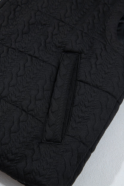 Black Textured Quilted Stand Neck Zipper Winter Vest