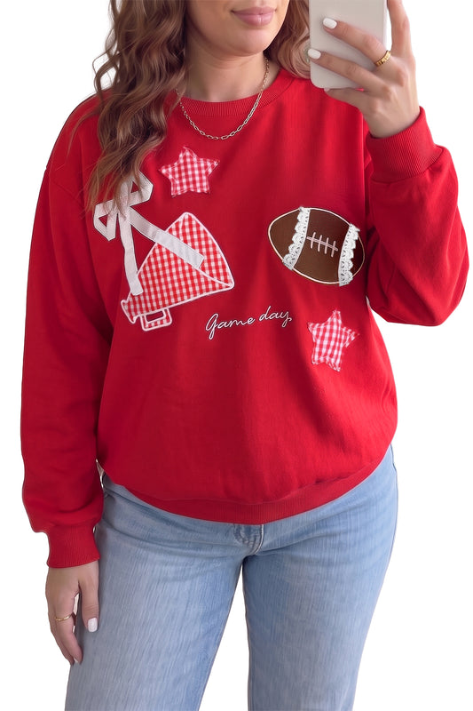 Racing Red Rugby Game Day Patchwork Graphic Plus Size Sweatshirt
