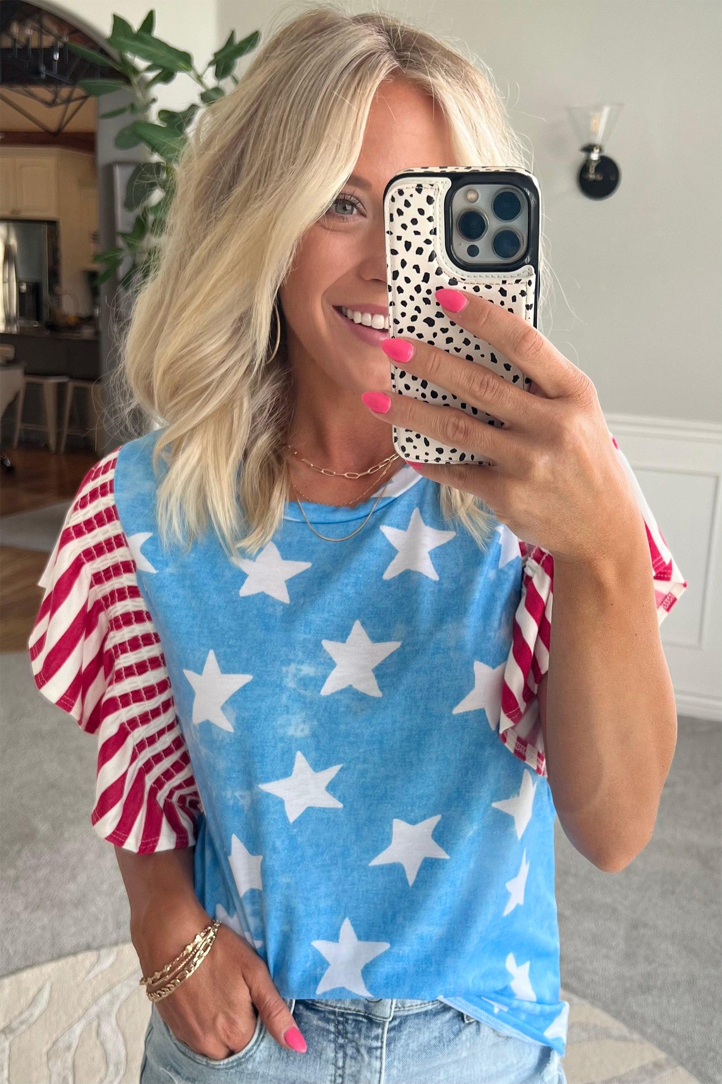 Sky Blue Vintage Star Print Striped Ruffle Sleeve Independence Day Top