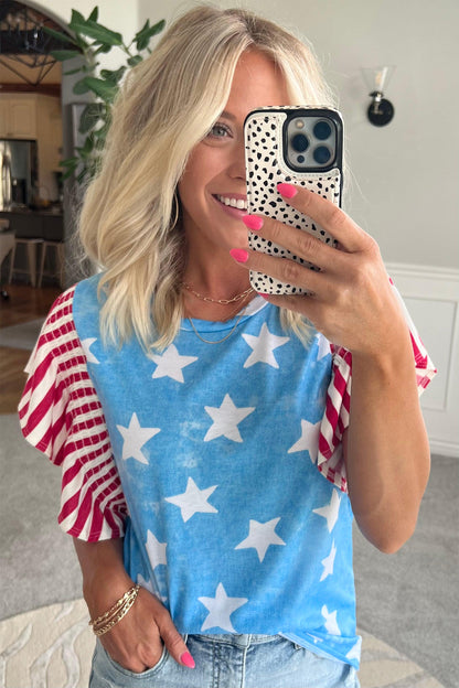 Sky Blue Vintage Star Print Striped Ruffle Sleeve Independence Day Top