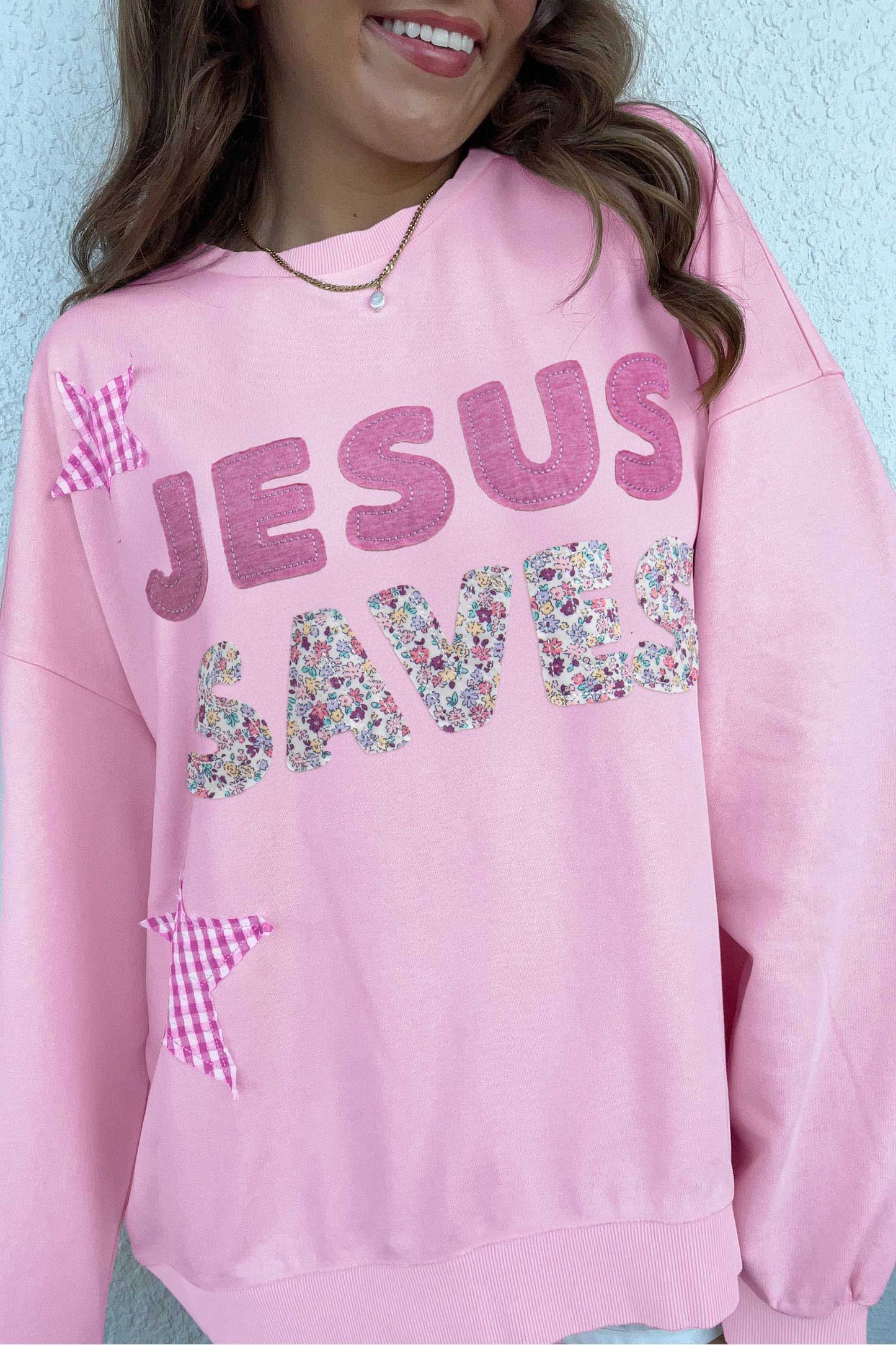 Pink Patchwork Stars Plaid Unique Floral Letters Baggy Sweatshirt