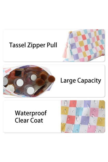 Red Checkered Vinyl Waterproof Tassel Zipper Makeup Bag