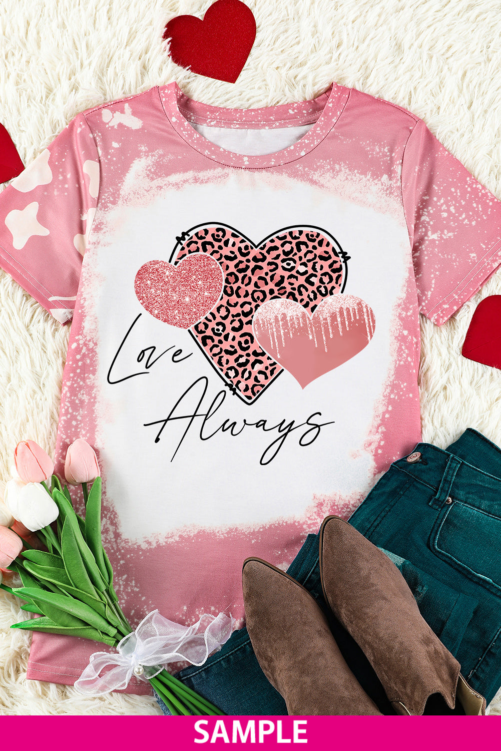 T-shirt graphique à imprimé léopard délavé « Love Always Heart »