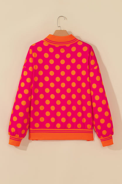 Rose Polka Dot Striped Trim Mock Neck Sweatshirt