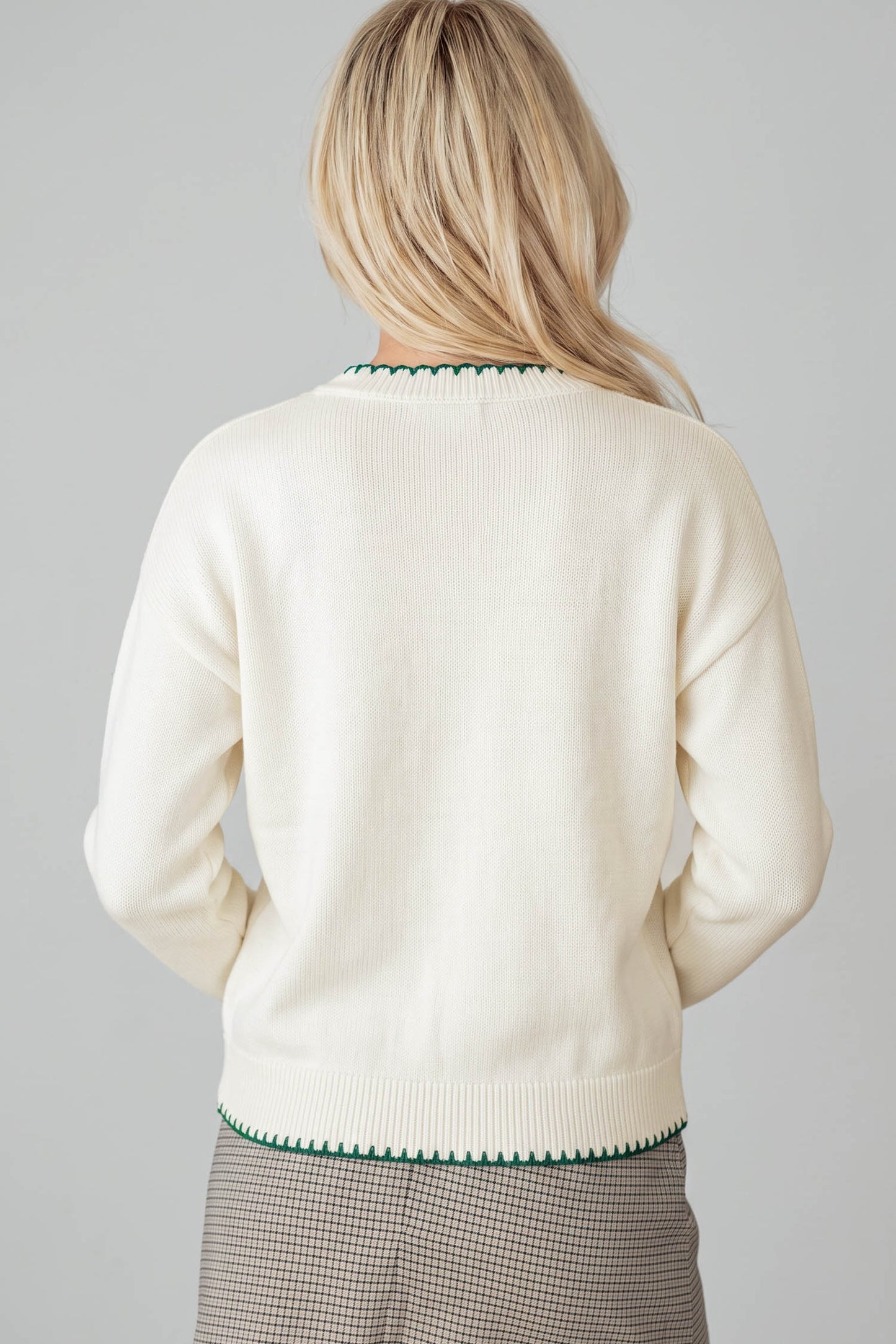 Beige Stitched Detail Christmas Tree Holiday Casual Sweater