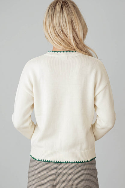 Beige Stitched Detail Christmas Tree Holiday Casual Sweater