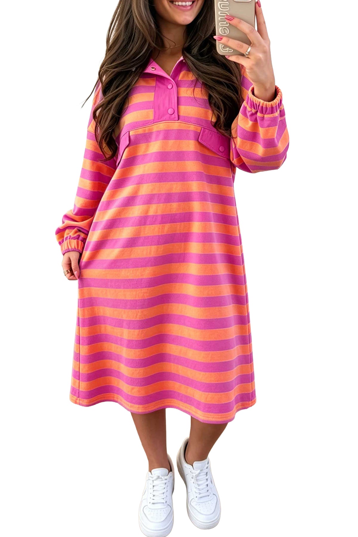 Rose Stripe Long Sleeve Polo Neck Midi Dress