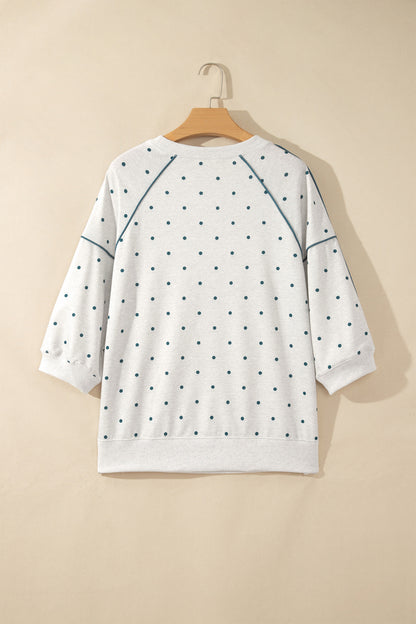 Gray Polka Dot Print Piping Trim 3/4 Sleeve Relaxed Top