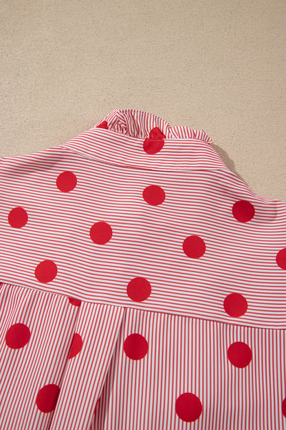 Fiery Red Polka Dot Striped Print Ruffle Stand Neck 3/4 Sleeve Shift Shirt