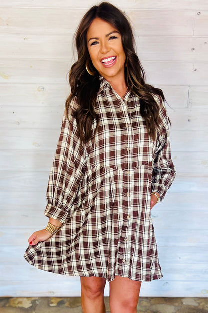Brown Plaid Long Sleeve Short Shift Mini Dress