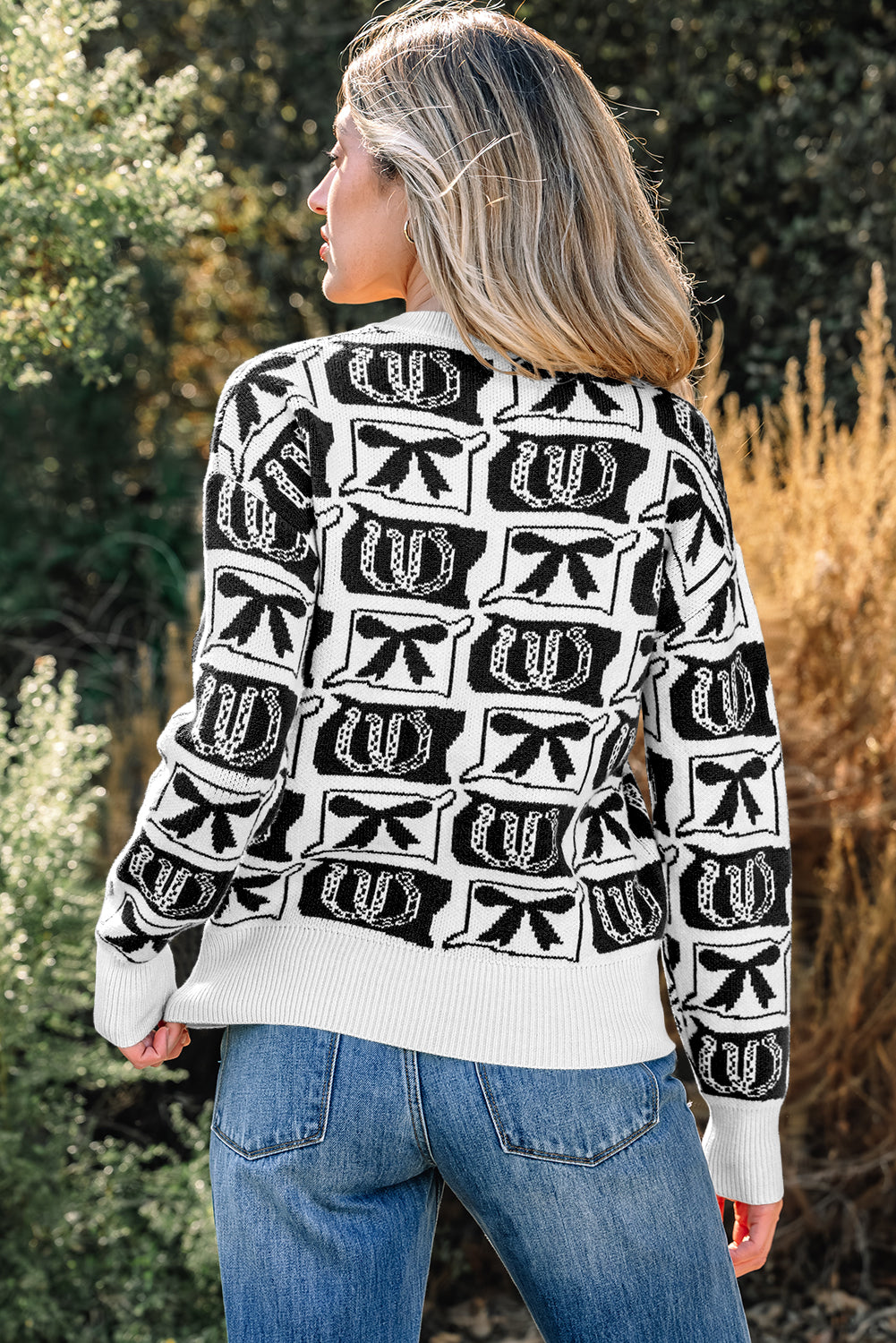 Black Bows & Horseshoes Pattern Western Fashion Print Sweater