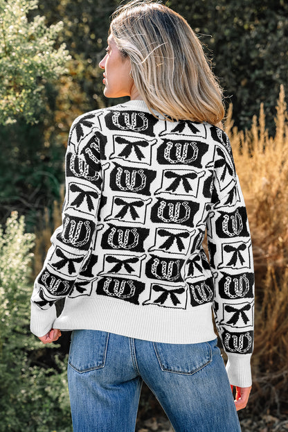 Black Bows & Horseshoes Pattern Western Fashion Print Sweater