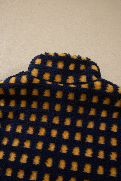 Blue Plaid Sherpa Fleece Zip Up Jacket