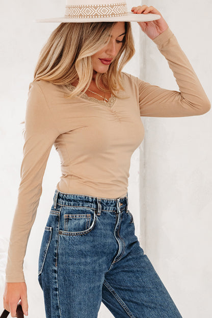 Smoke Gray Lace-trimmed Sweetheart Neckline Ruched Detail Long Sleeve T-shirt