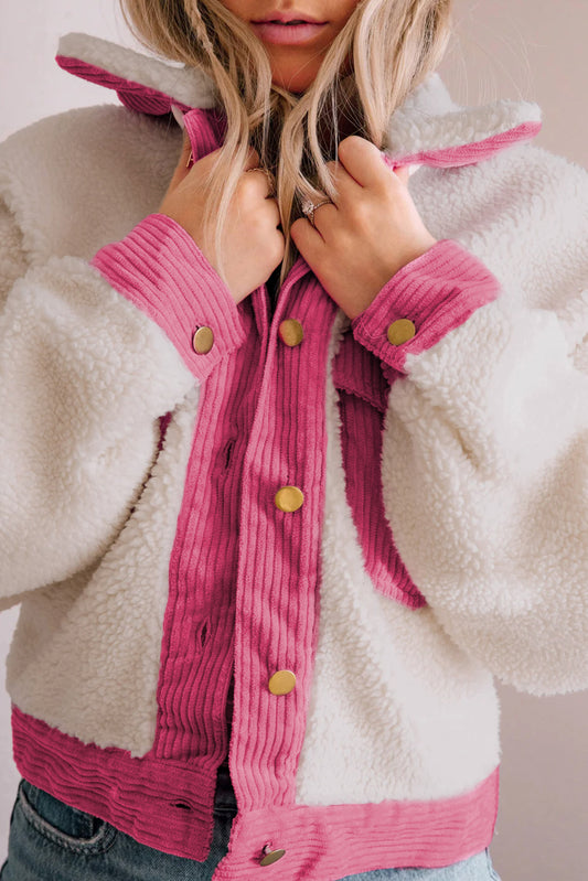 Chaqueta corta con botones de patchwork de pana sherpa multicolor