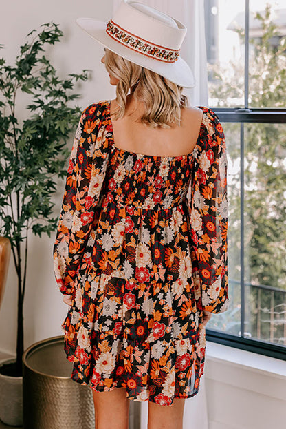 Vestido floral de manga larga con cintura alta y fruncido multicolor 