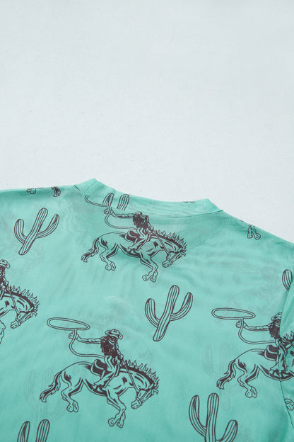 Aruba Blue Western Print High Neck Long Sleeve Sheath Mesh Top