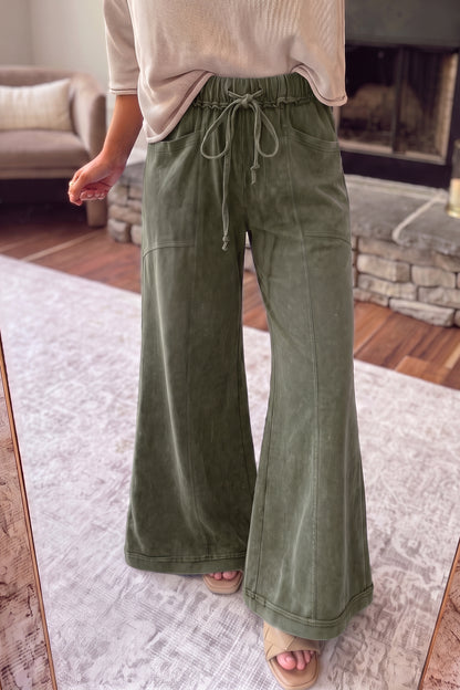 Jungle Green Mineral Wash Seam Detail Flare Leg Drawstring Pants