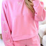 Sachet Pink Girly Bow Embroidered Detail Puff Sleeve Pullover 2pcs Short Set