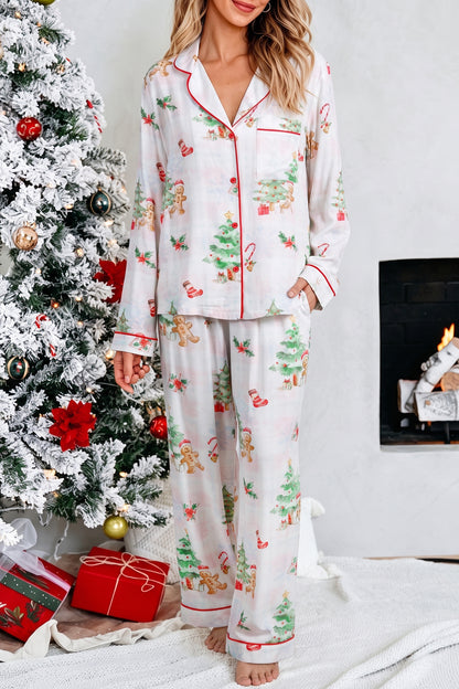 Pink Plaid Snowflake Christmas Gingerbread Man Print Long 2pcs Lounge Set