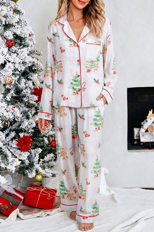 Pink Plaid Snowflake Christmas Gingerbread Man Print Long 2pcs Lounge Set