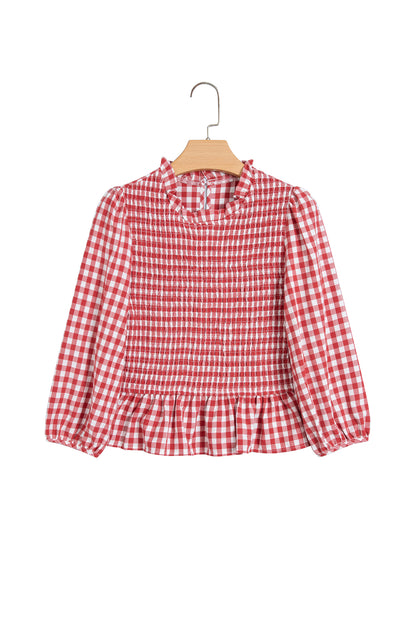 Red 3/4 Sleeve Shirred Plaid Peplum Top