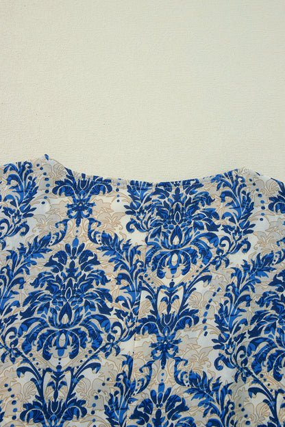 Chemisier ample bleu grande taille à imprimé ethnique, manches 3/4, col en V