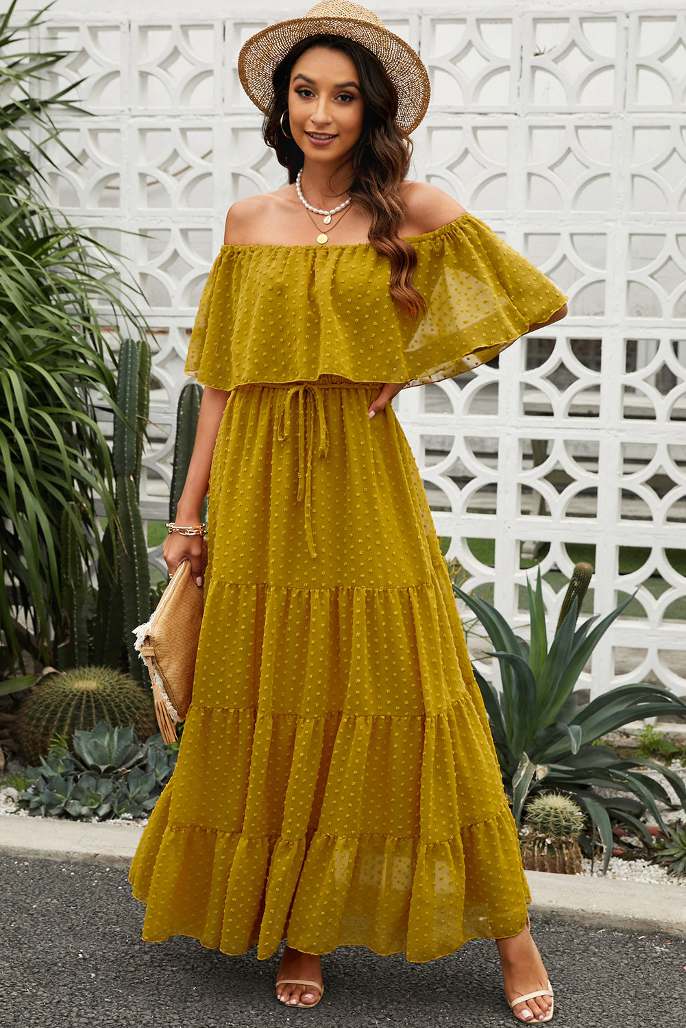 Yellow Yellow Off Shoulder Ruffle Swiss Dot Maxi Dress