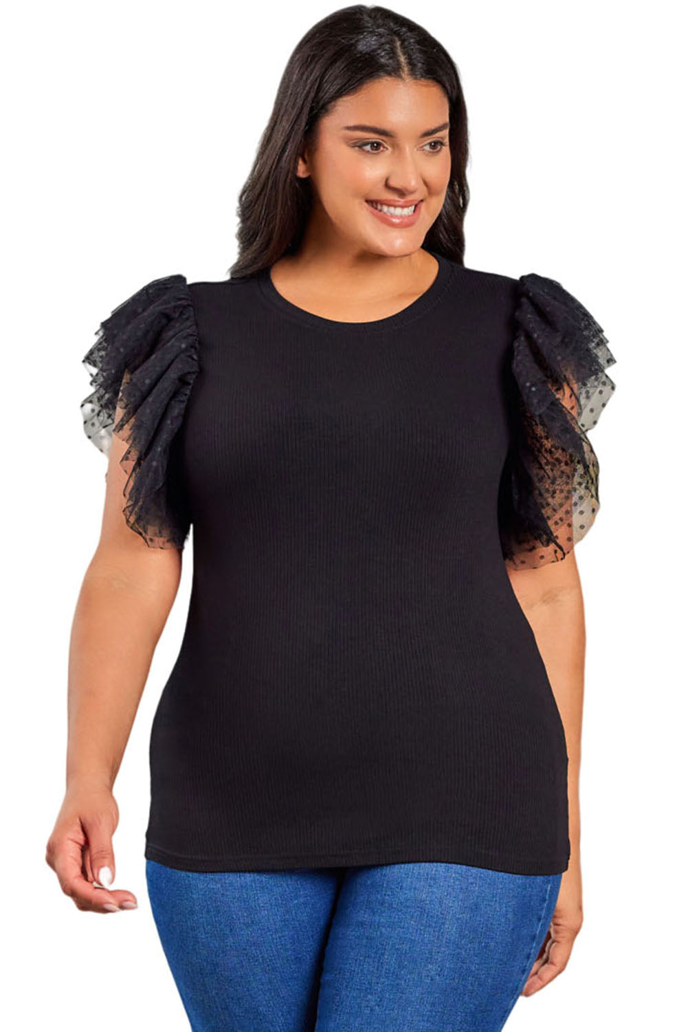 Haut en maille côtelée à volants et manches en maille à pois