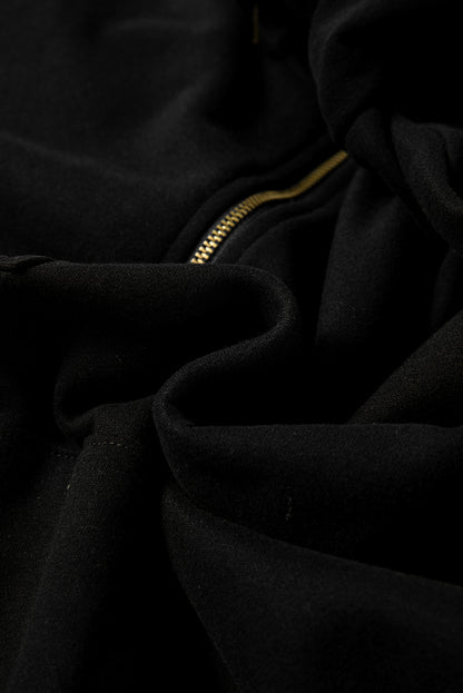 Black Fleece Lined Half Zipper Kangaroo Pockets Loose Hoodie