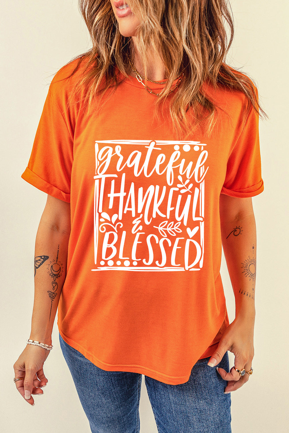 T-shirt orange imprimé « Grateful Thankful Blessed » pour Thanksgiving