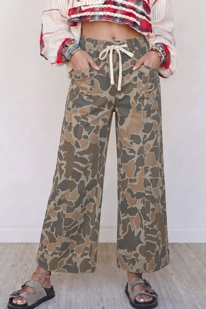 Multicolour Camouflage Print Drawstring Waist Pocket Shift Jeans