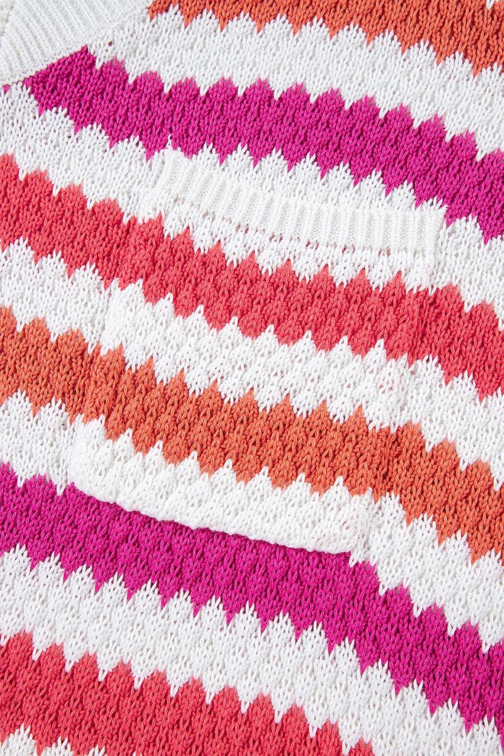 Pull grande taille à rayures roses, col en V et épaules tombantes