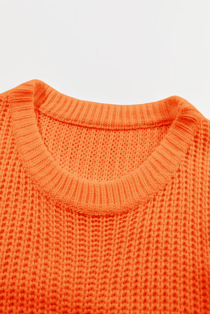 Orange Ribbed Knit Round Neck Slouchy Chunky Sweater