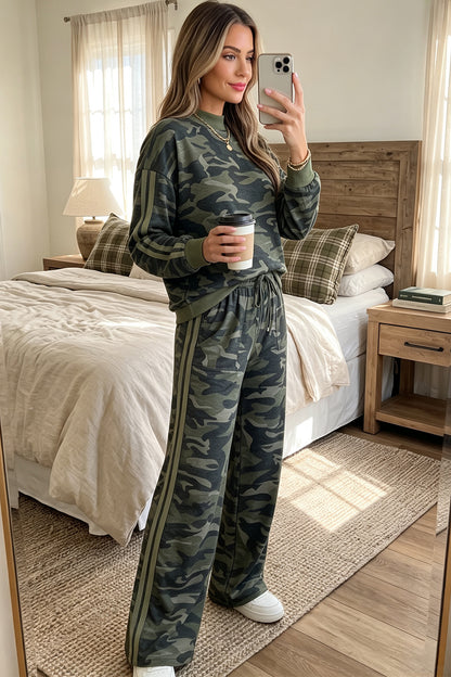 Multicolour Camouflage Patchwork Striped Detail Long Sleeve Top Casual Pants Set