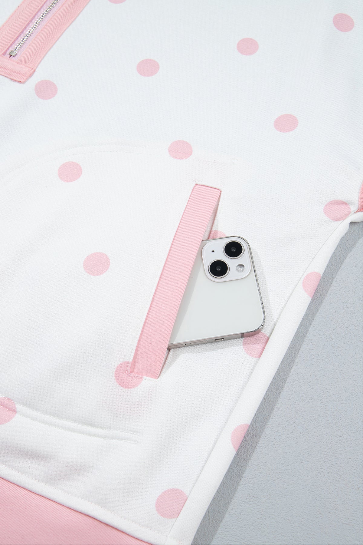 Pink Polka Dot Half Zip Drop Shoulder Relaxed Sweatshirt