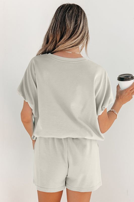 Smoke Gray Solid Color Puffy Loose Top Drawstring Shorts 2pcs Outfit
