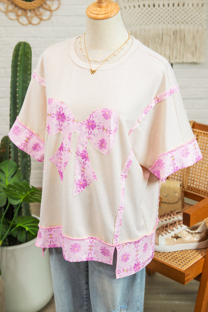 Apricot Daisy Floral Bow Contrast Patchwork Loose T Shirt